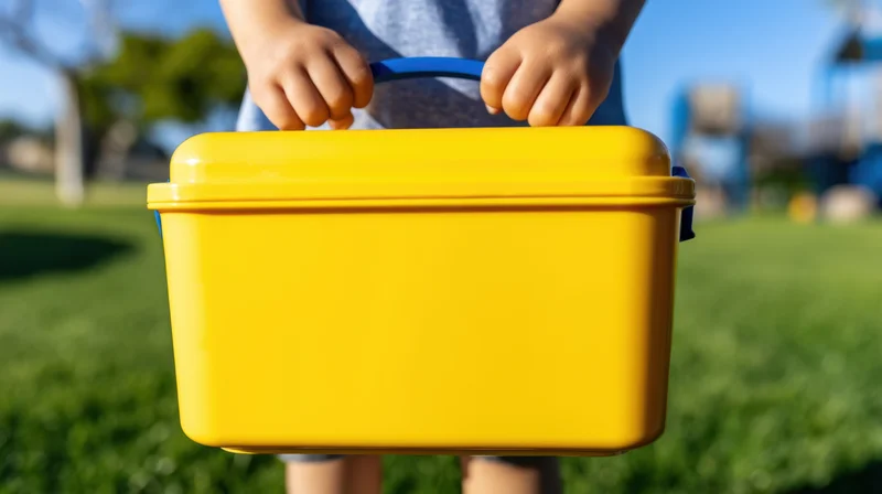 Child holding yellow plastic lunchbox in a grassy park