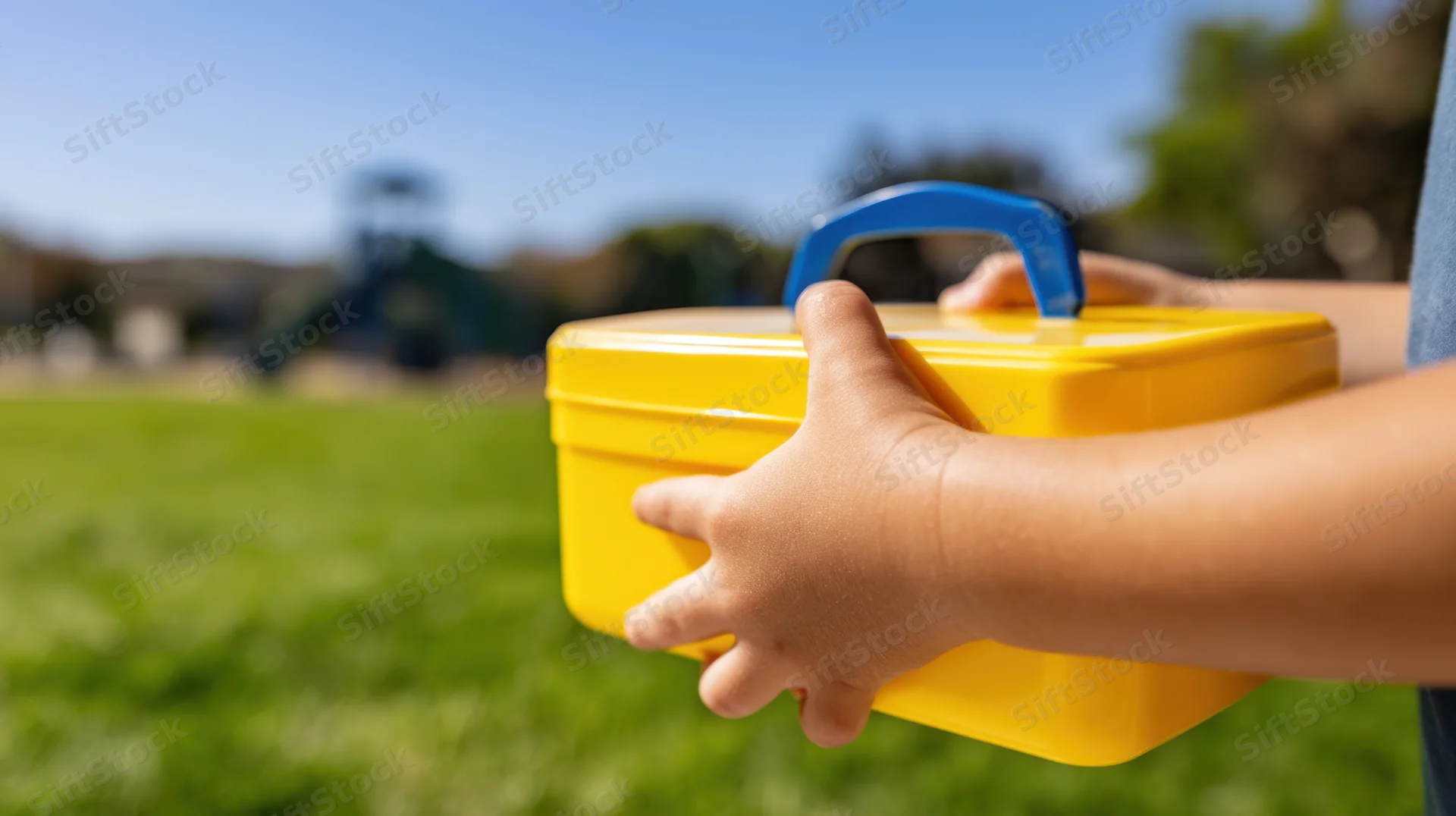 Child holding yellow lunchbox with blue handle outdoors on grass near playground