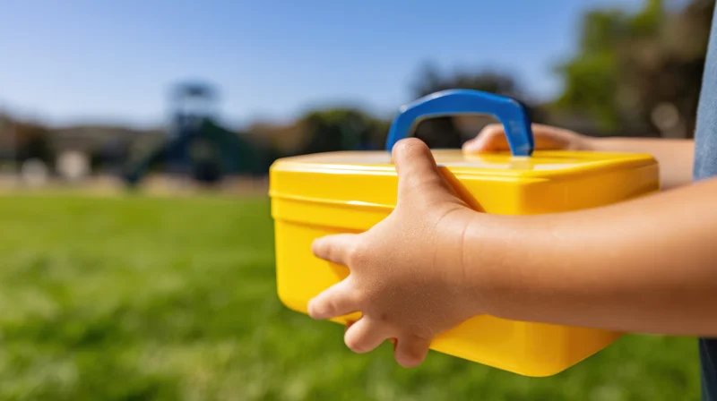 Child holding yellow lunchbox with blue handle outdoors on grass near playground