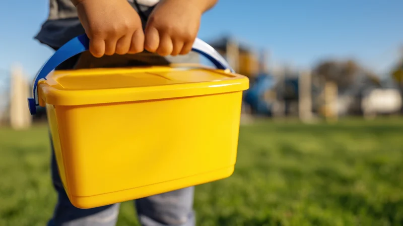 Child holding yellow plastic lunchbox in grassy outdoor area near playground