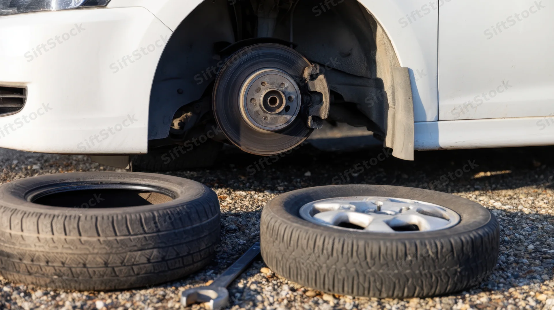 White car with front left tire removed showing brake disc and wheel hub on gravel surface with spare tire and wrench nearby