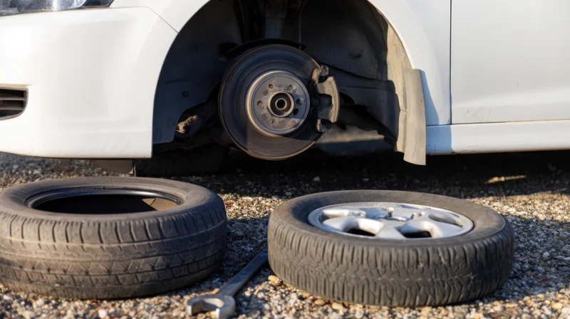 White car with front left tire removed showing brake disc and wheel hub on gravel surface with spare tire and wrench nearby