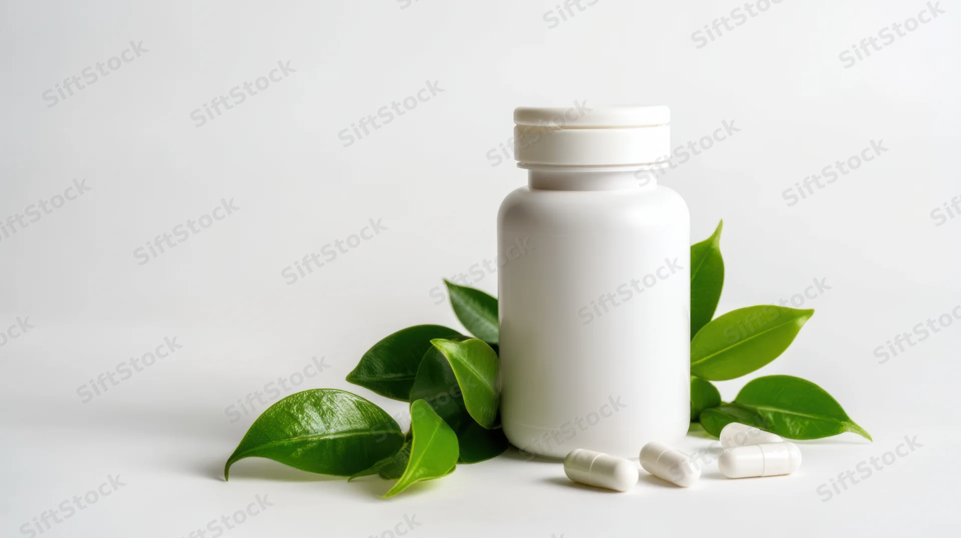 White plastic supplement bottle with capsules and green leaves on plain white surface