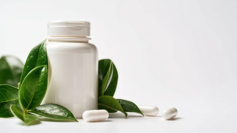 White supplement bottle with capsules and green leaves arranged on plain surface