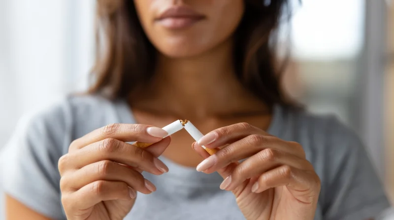 Woman breaking a cigarette in her hands indoors