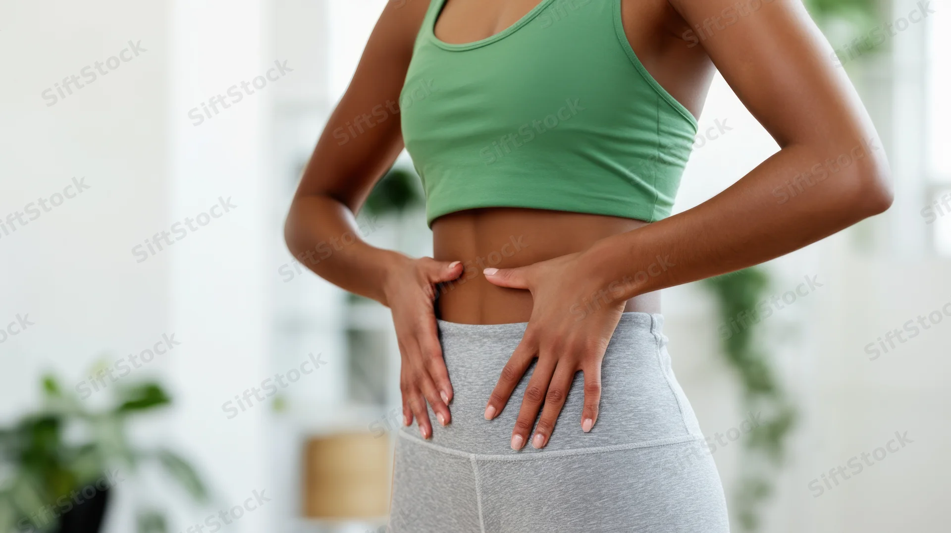 Woman in yoga pose with hands on waist demonstrating core engagement indoors