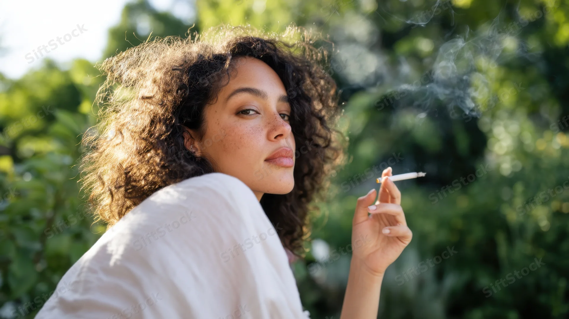 Woman smoking a cigarette outdoors in a green garden setting