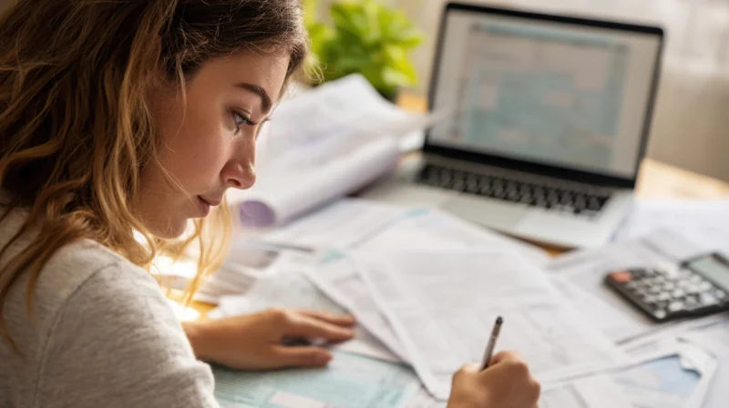 Woman concentrating on tax documents at home office desk with laptop and calculator