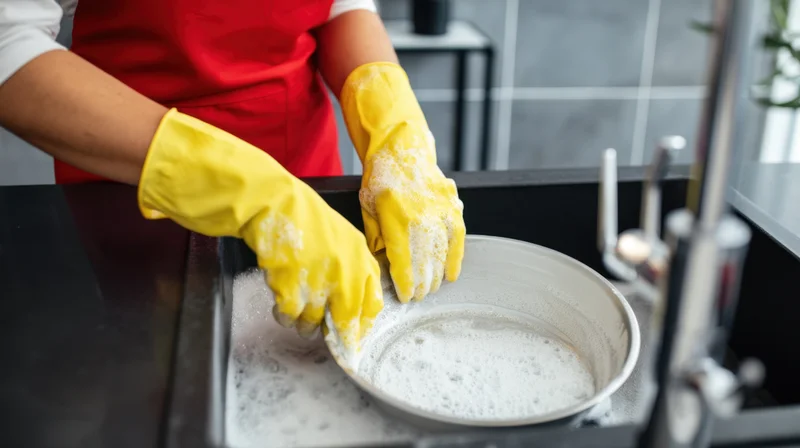 Woman in red apron and yellow gloves washing a dish in a kitchen sink with soapy water