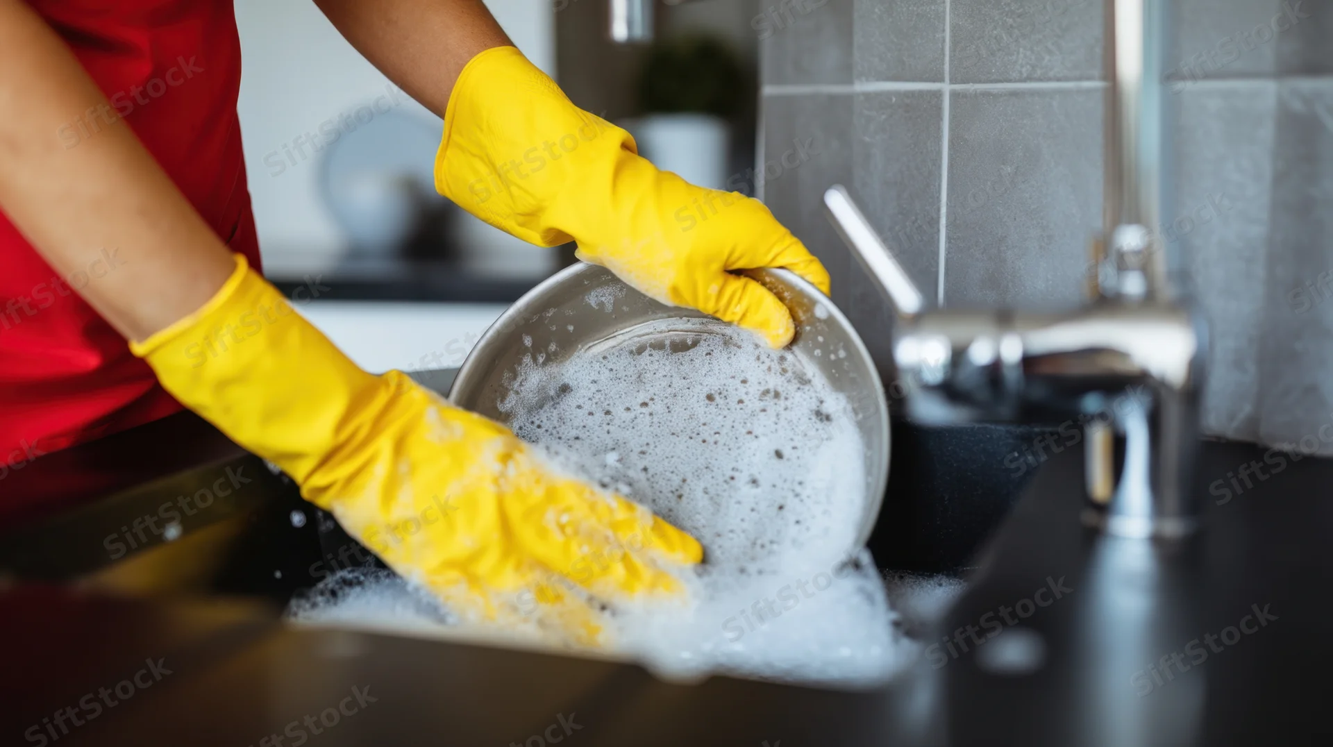 Woman in red apron and yellow gloves washing a dish in kitchen sink with soap suds