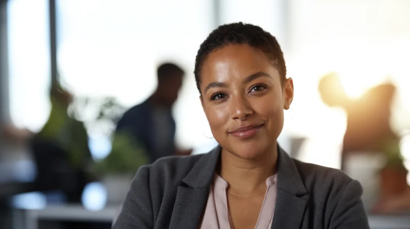 Woman smiling in professional office setting with blurred colleagues in background