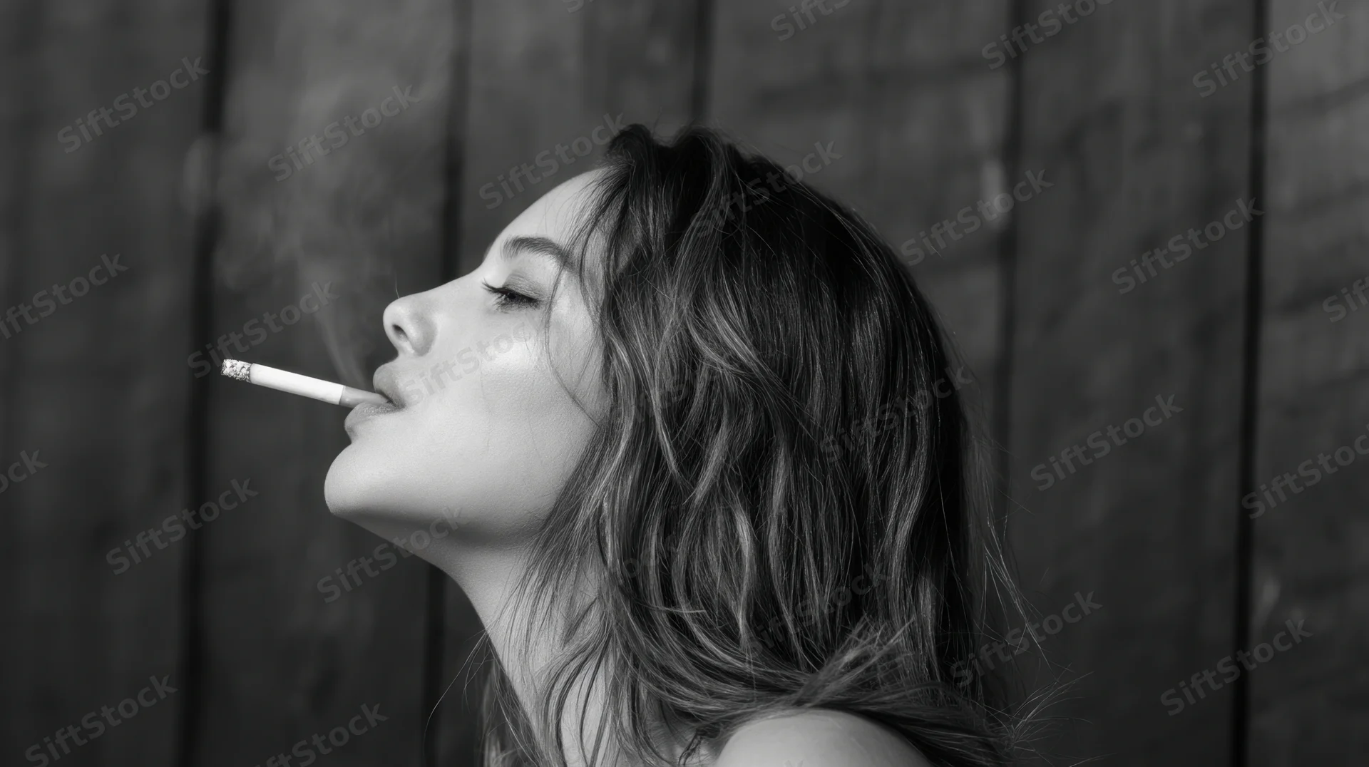 Woman in profile exhaling smoke from a cigarette against a wooden wall
