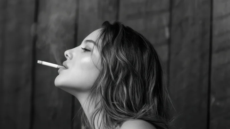 Woman in profile exhaling smoke from a cigarette against a wooden wall