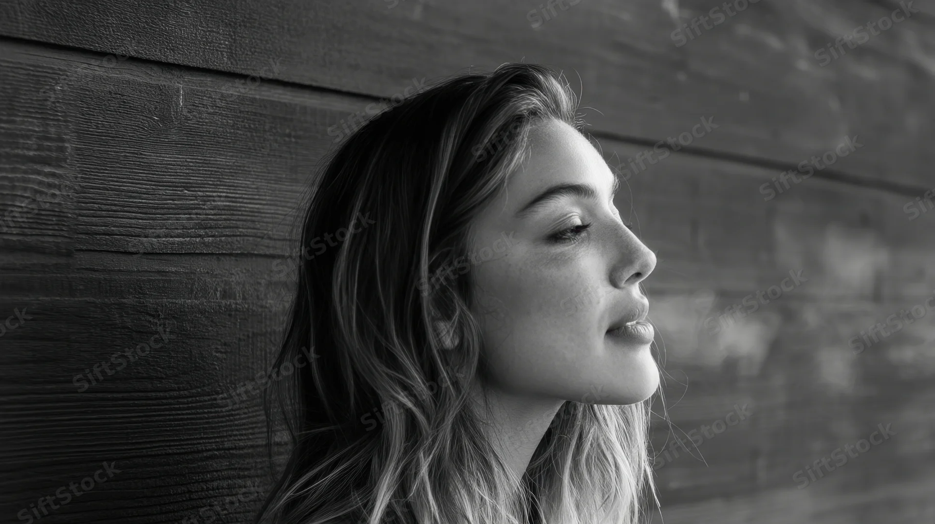 Woman in profile with long wavy hair against wooden wall in black and white portrait