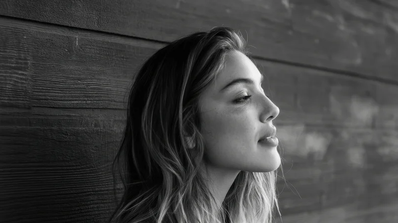 Woman in profile with long wavy hair against wooden wall in black and white portrait