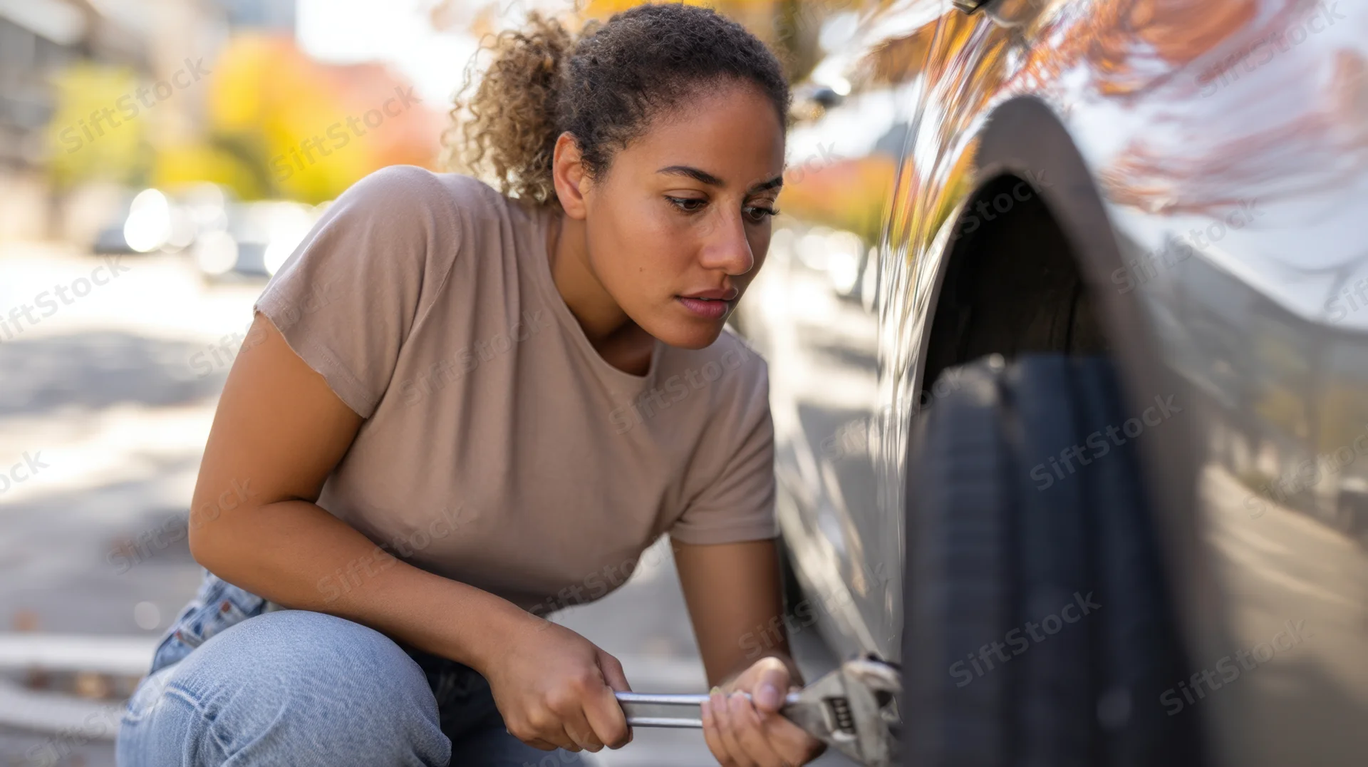 Woman kneeling beside car using wrench to change tire on street