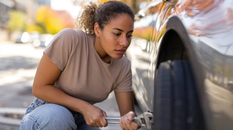 Woman kneeling beside car using wrench to change tire on street