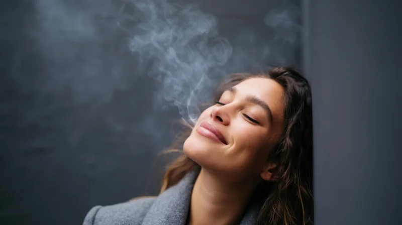 Woman leaning against dark gray wall exhaling smoke with eyes closed
