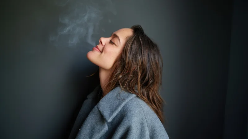 Woman leaning against dark gray wall exhaling smoke with eyes closed in profile view