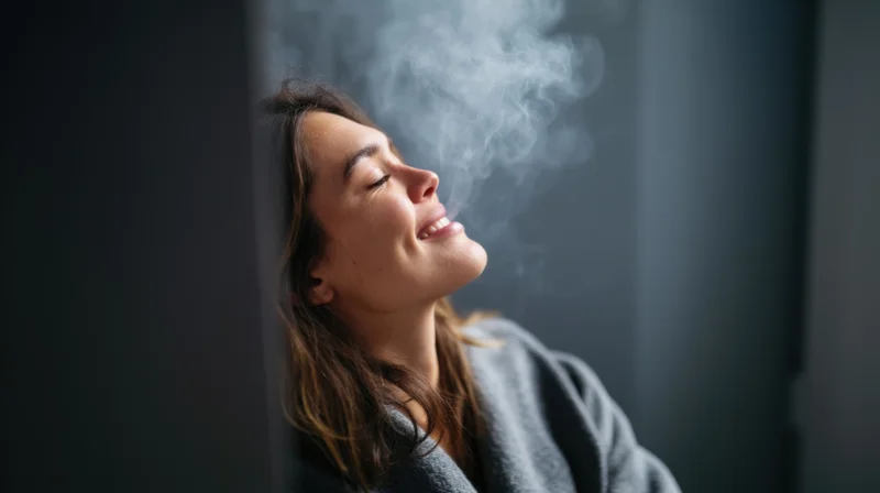 Woman exhaling smoke while leaning against a dark gray wall, smiling with eyes closed, wearing a robe