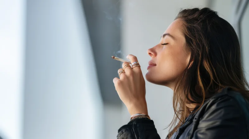 Woman smoking a cigarette on an urban balcony in side profile