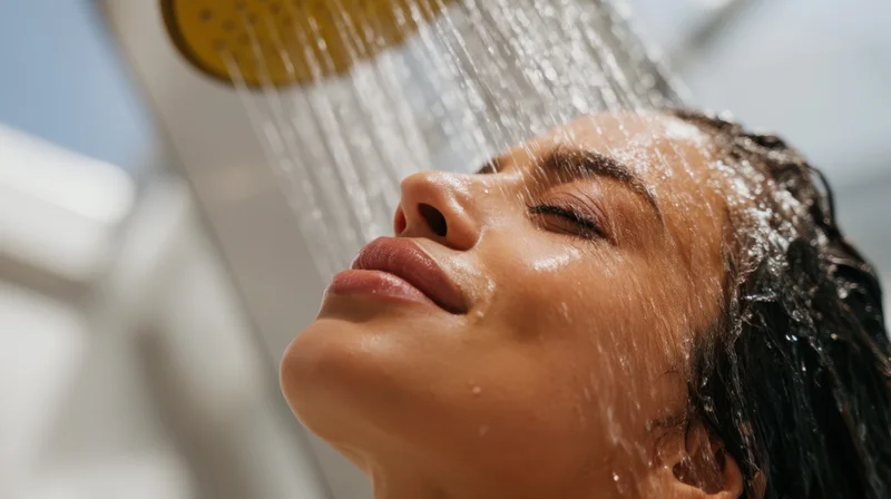 Woman with eyes closed under flowing shower water in bathroom