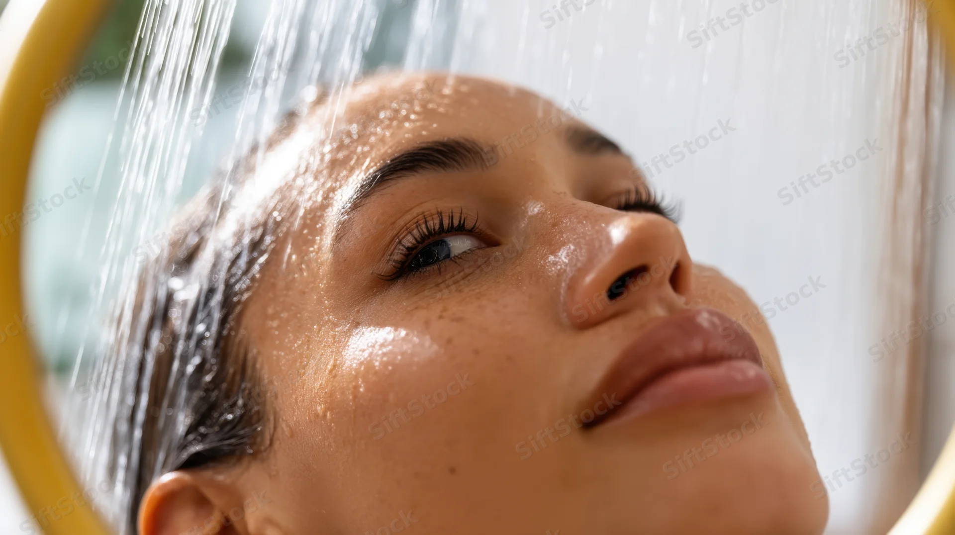 Woman with eyes open under flowing shower water, close-up on face and wet skin in bathroom mirror reflection