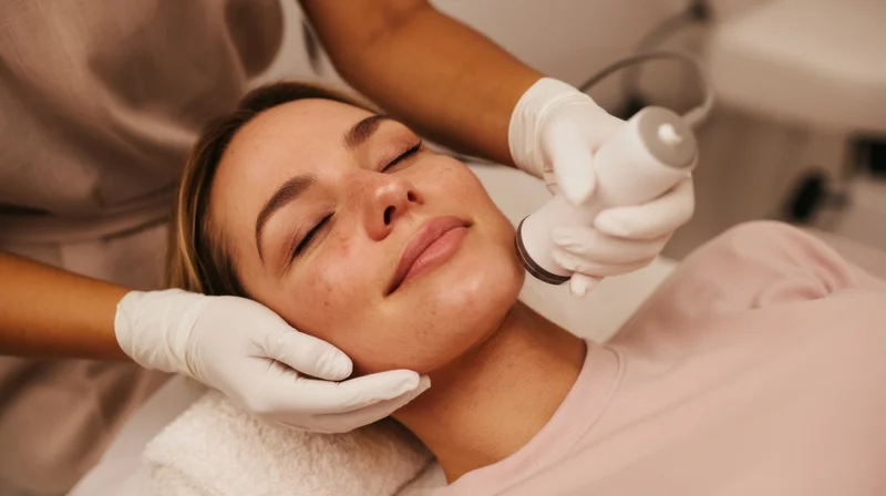 Woman receiving facial treatment with ultrasound device in modern salon