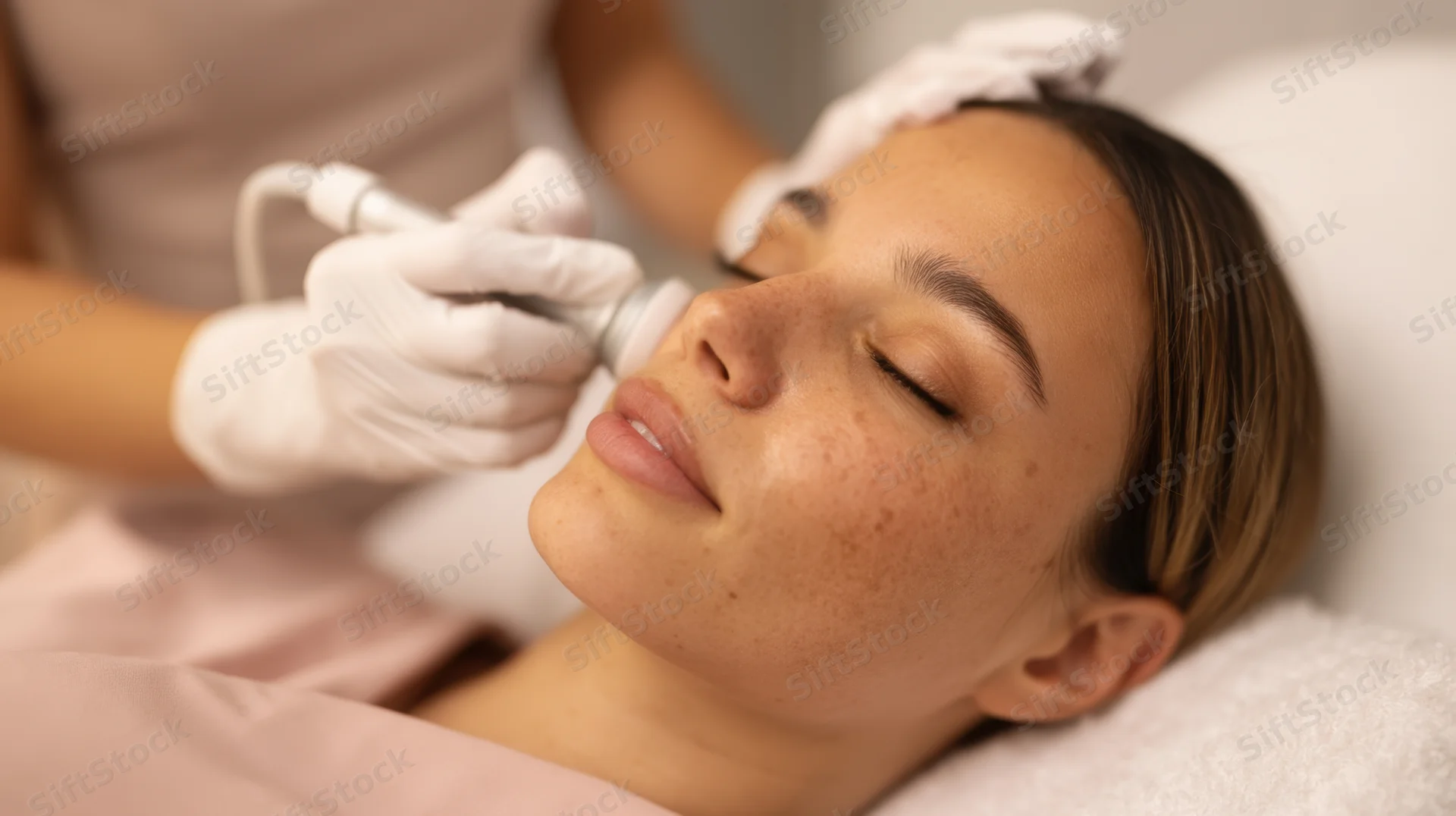 Woman receiving facial treatment in modern salon with aesthetician using device on her face