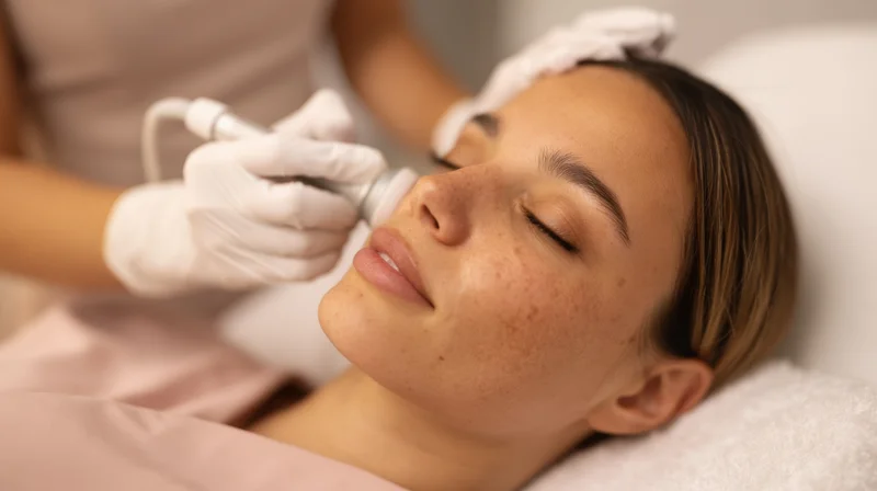 Woman receiving facial treatment in modern salon with aesthetician using device on her face