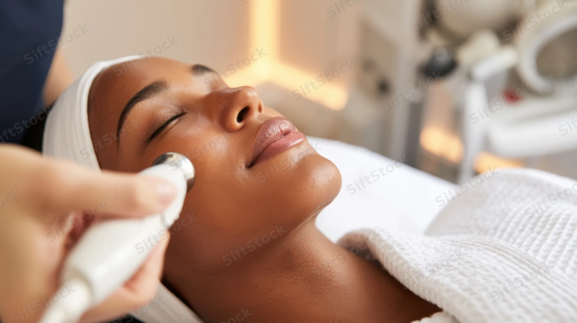 Woman receiving facial treatment with handheld device in spa setting