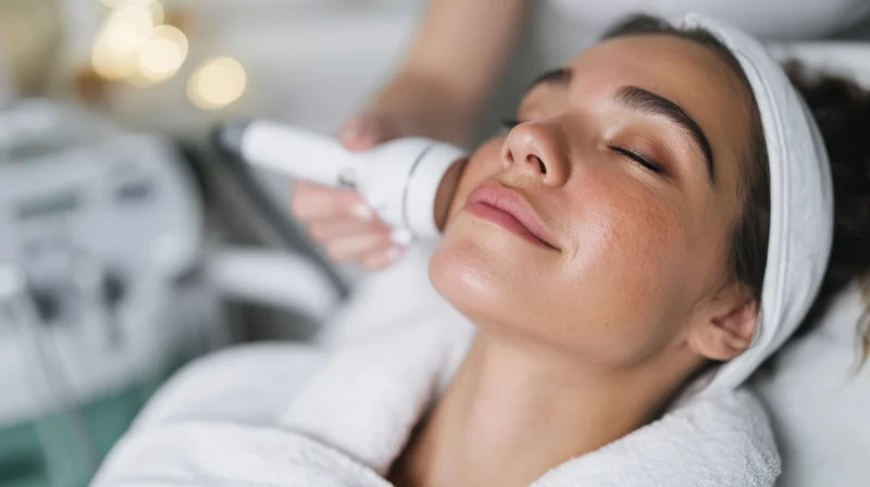 Woman receiving facial treatment in spa with handheld device and towel wrapped around her head