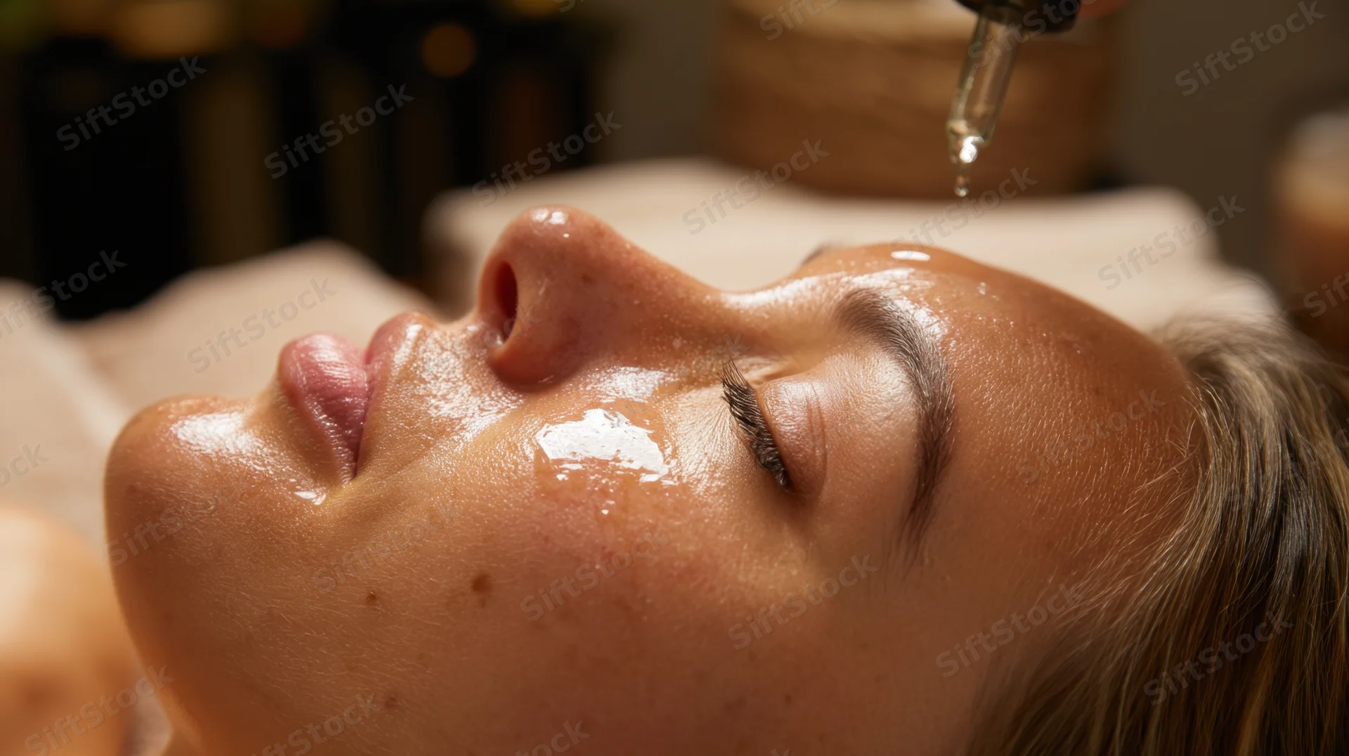 Woman receiving facial treatment with oil dropper in spa setting
