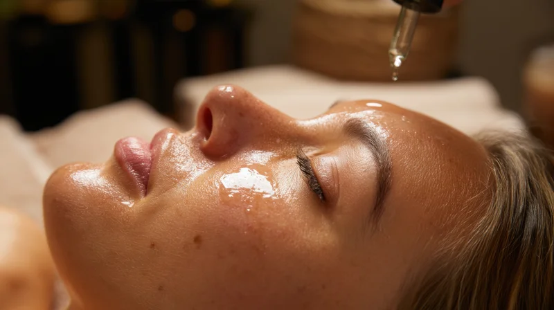 Woman receiving facial treatment with oil dropper in spa setting