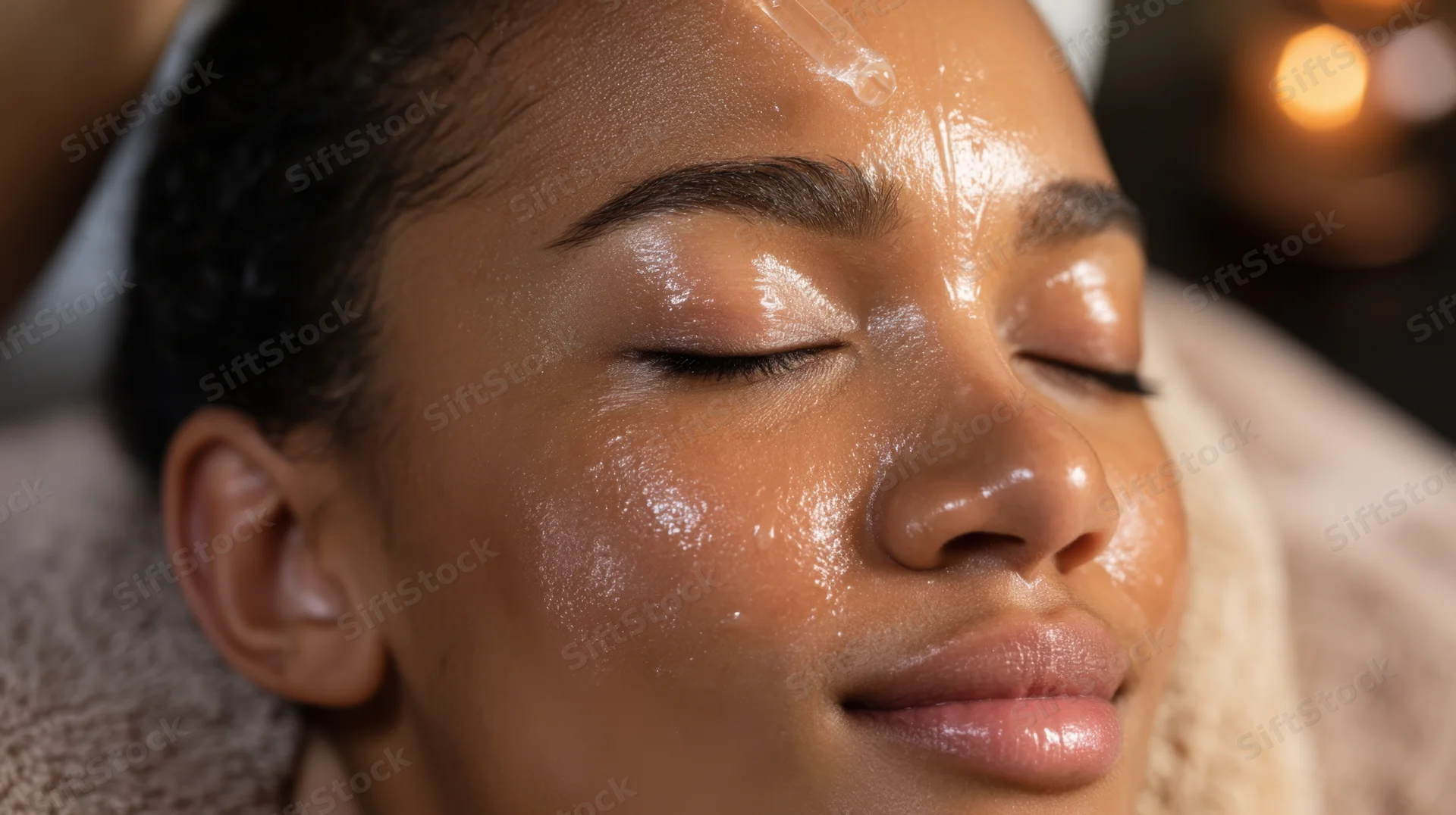 Woman receiving facial treatment in spa with closed eyes and glowing skin