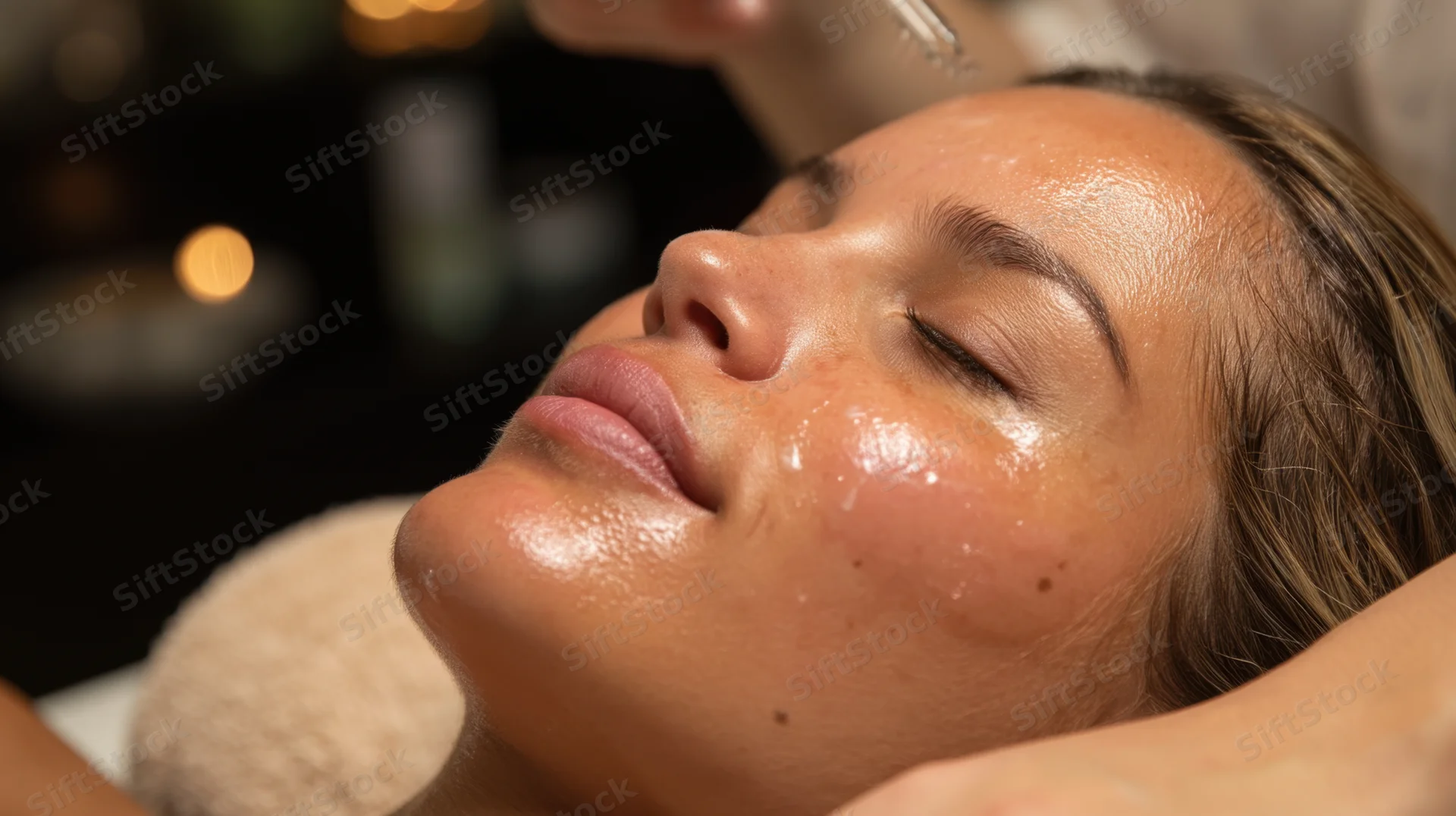 Woman receiving facial treatment in spa with serum applied to face