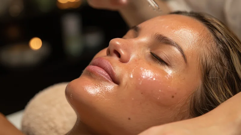Woman receiving facial treatment in spa with serum applied to face
