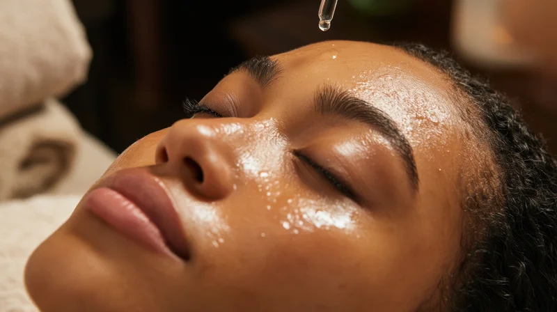 Woman receiving facial treatment with oil dropper in spa setting