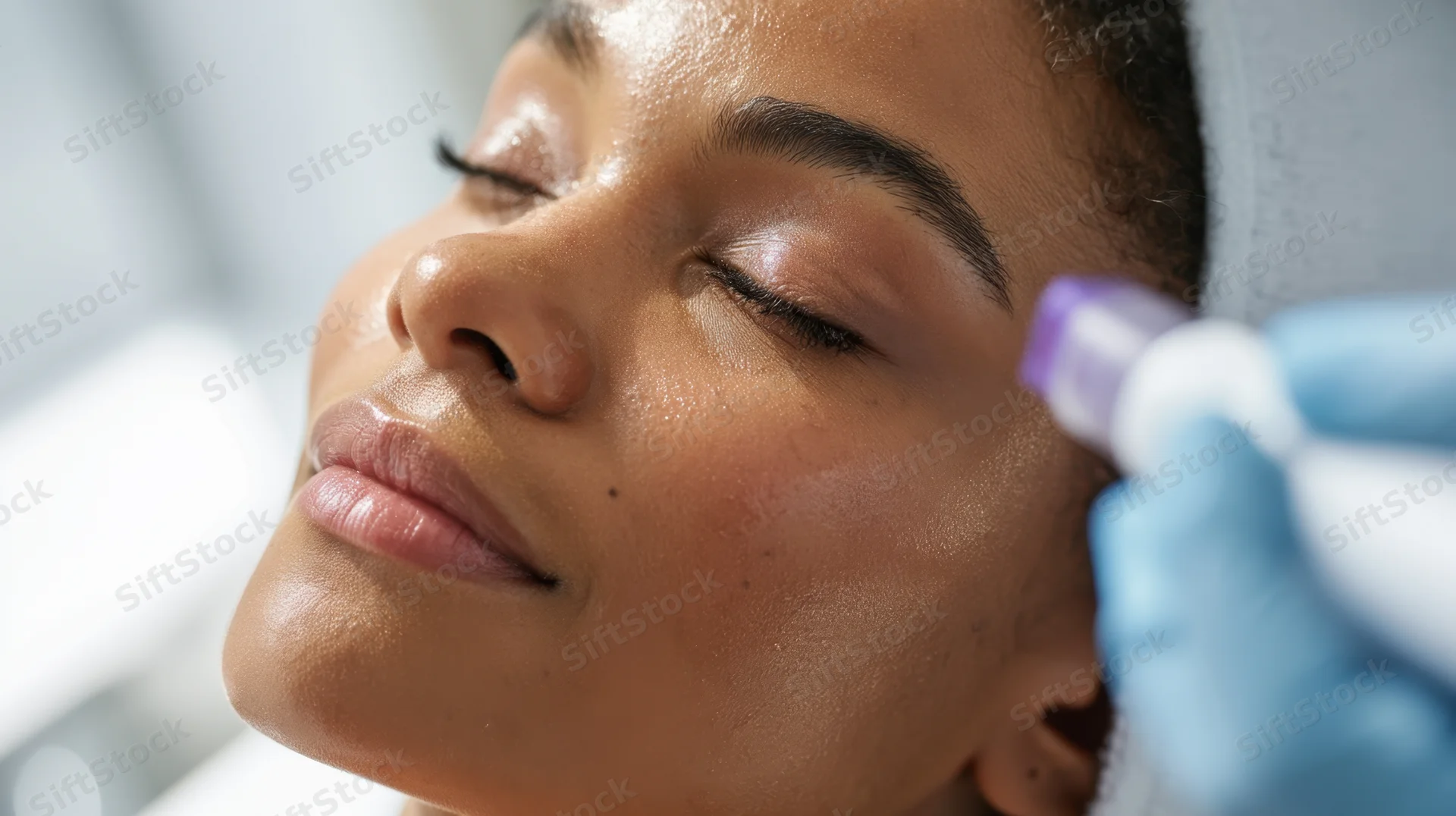 Woman receiving microneedling treatment in a spa setting