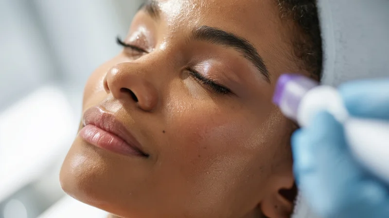 Woman receiving microneedling treatment in a spa setting