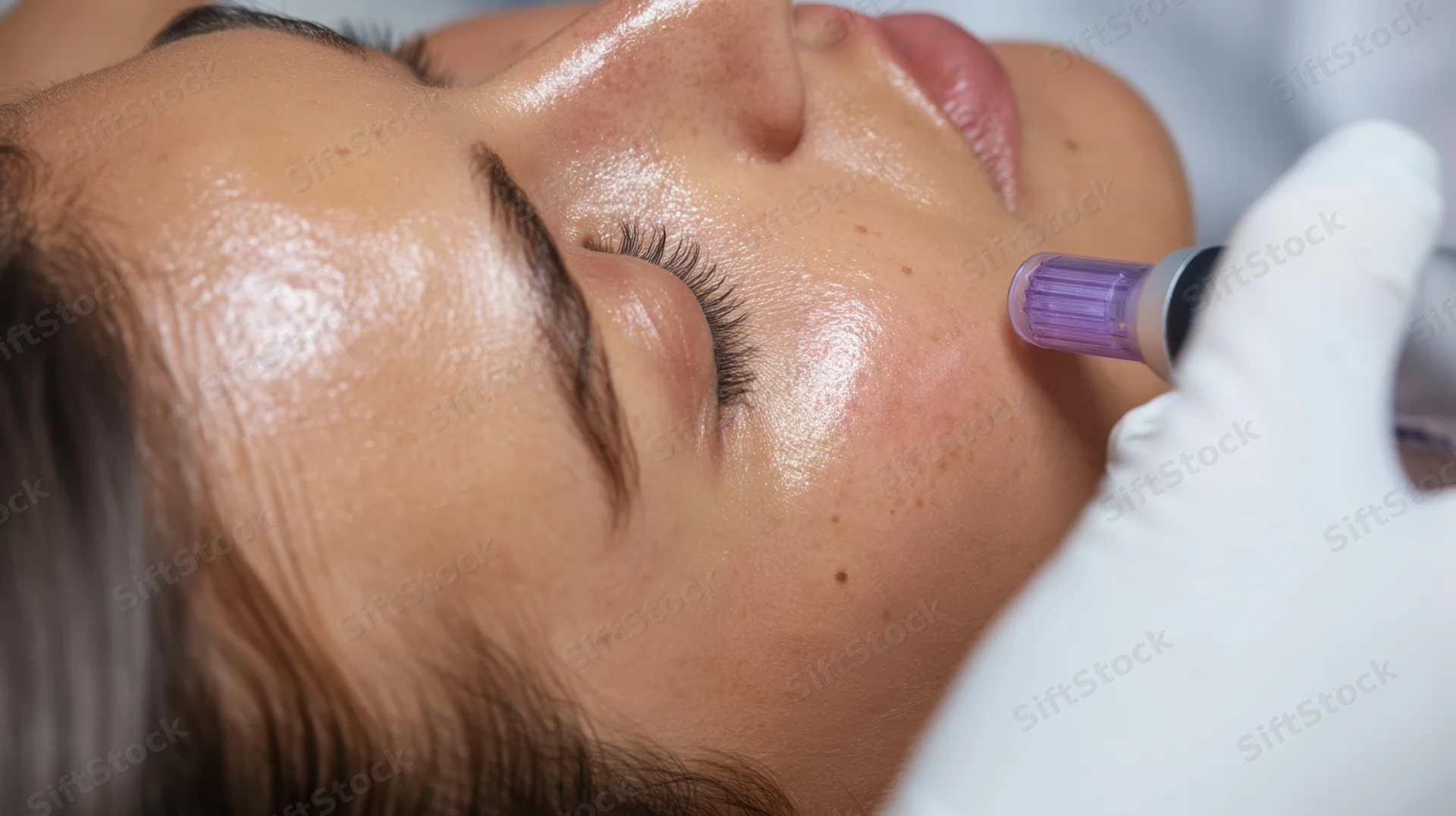 Woman receiving microneedling facial treatment in spa setting