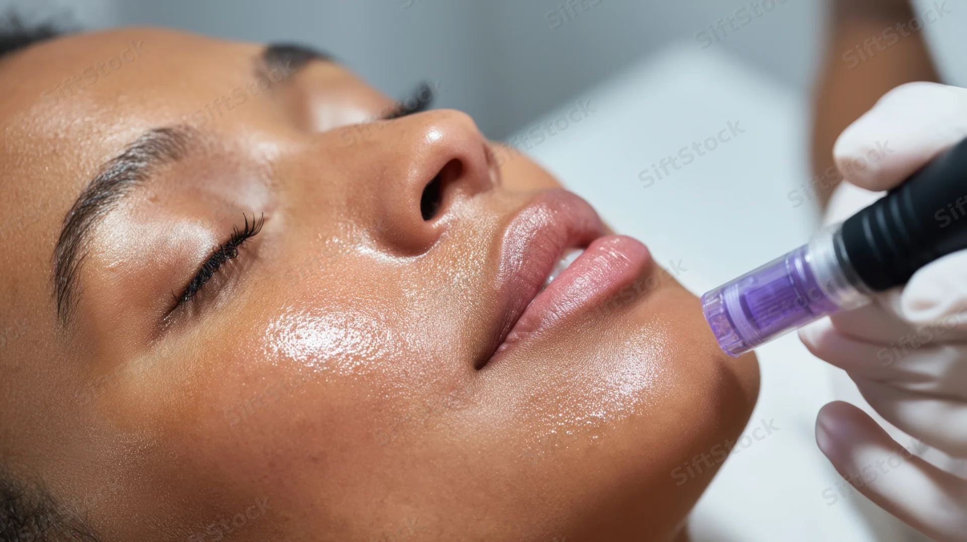 Woman receiving microneedling treatment in spa setting