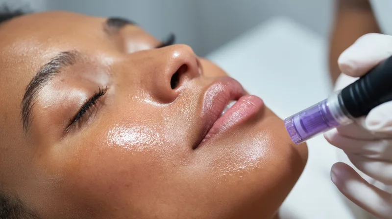 Woman receiving microneedling treatment in spa setting