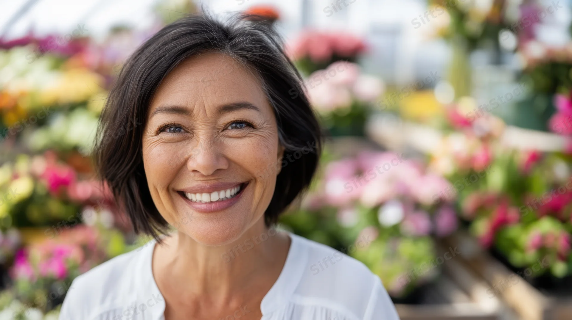 Woman smiling in a greenhouse surrounded by vibrant flowers