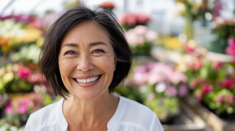 Woman smiling in a greenhouse surrounded by vibrant flowers