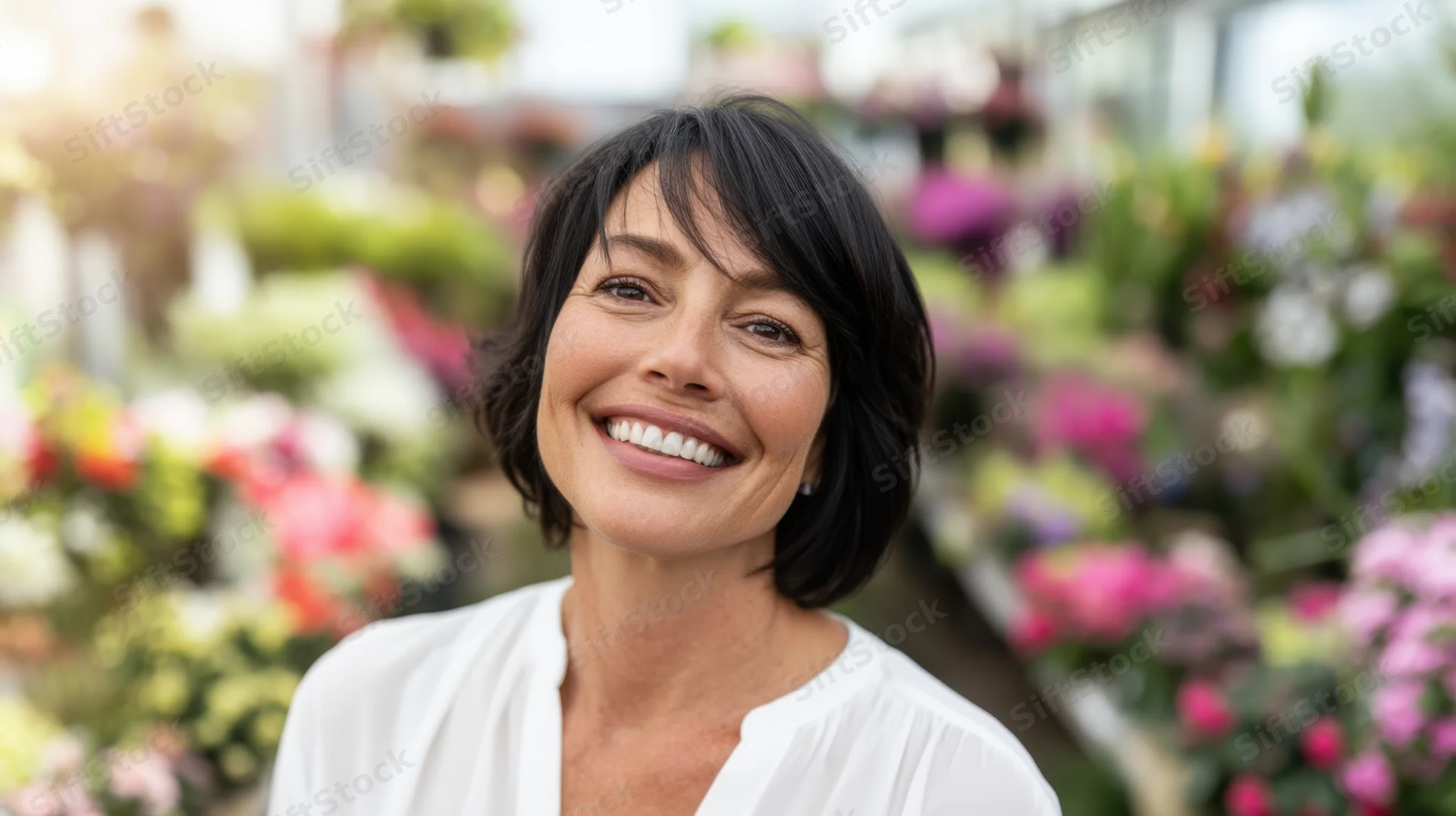 Woman smiling in a greenhouse surrounded by blooming flowers