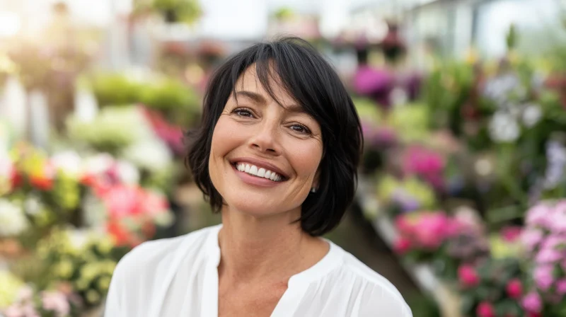 Woman smiling in a greenhouse surrounded by blooming flowers