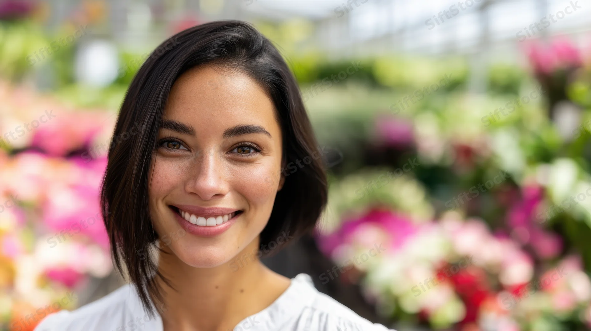 Woman smiling in a greenhouse surrounded by vibrant flowers