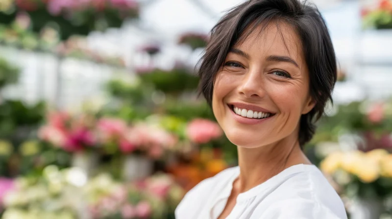 Woman smiling in a greenhouse surrounded by vibrant flowers and greenery