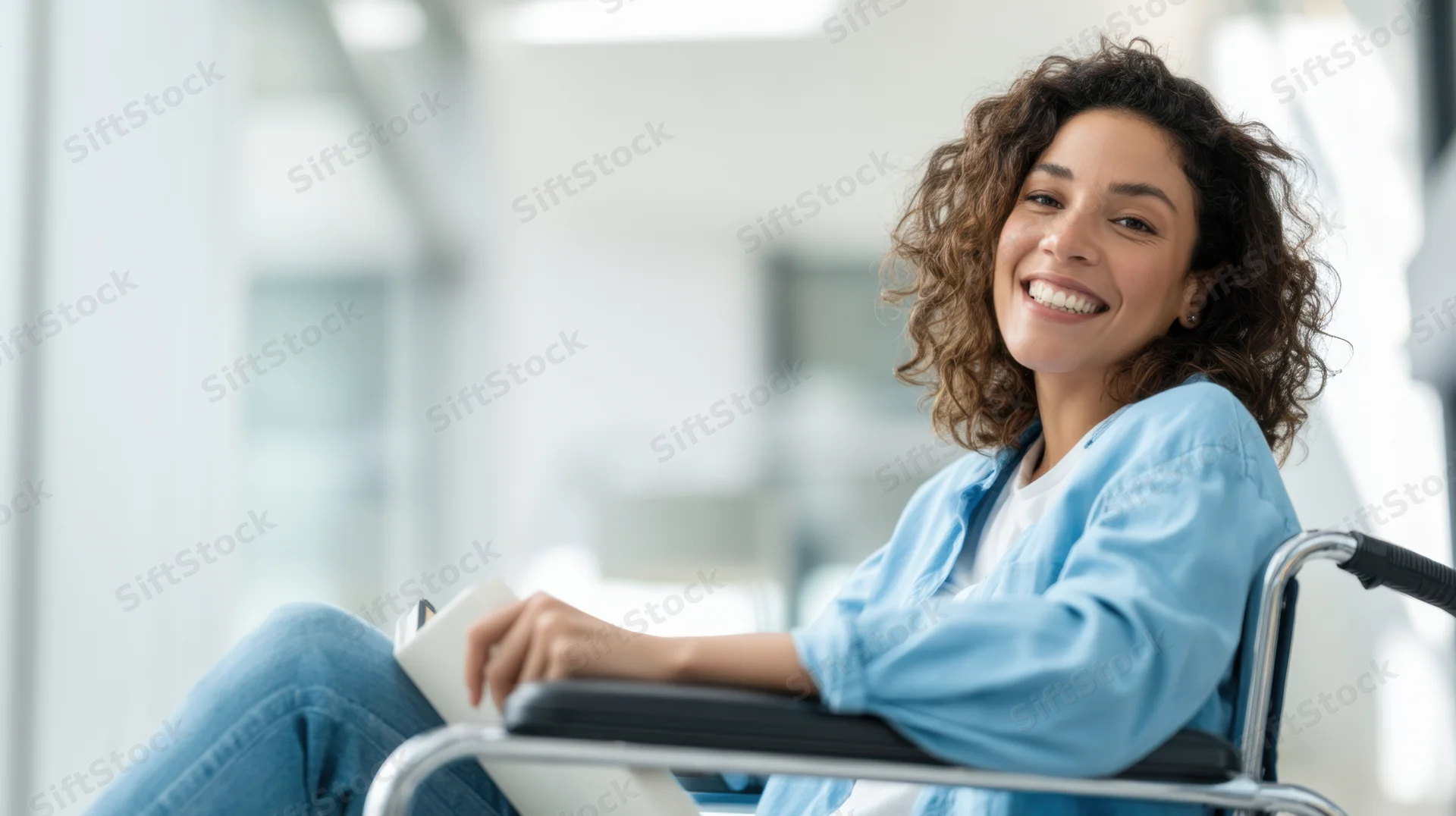Woman smiling in wheelchair in bright modern interior